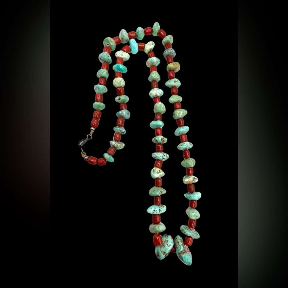 Native American Sterling Silver Turquoise Coral Multi Stone Beaded Necklace